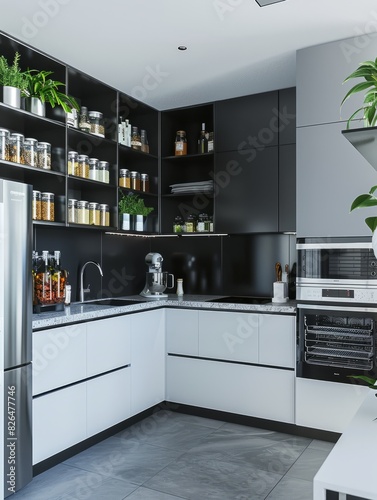 Modern open kitchen with white cabinets, black walls and grey marble floors. The countertop is light gray stone with an oven in the middle. There are also wooden elements on one side of the wall. On t © LU