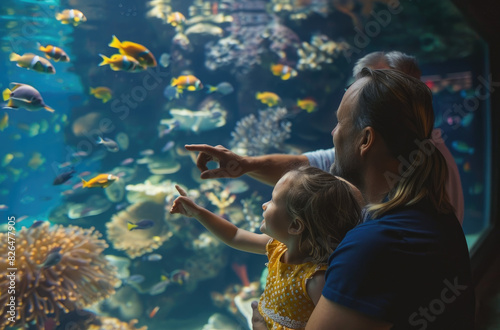 Family with child pointing at aquarium tank in luxury hotel, illuminated in the style of warm lights