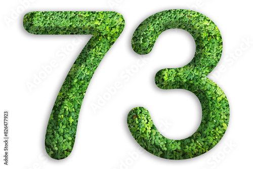 3d of the number of 73 is made from green grass on white background, go green concept