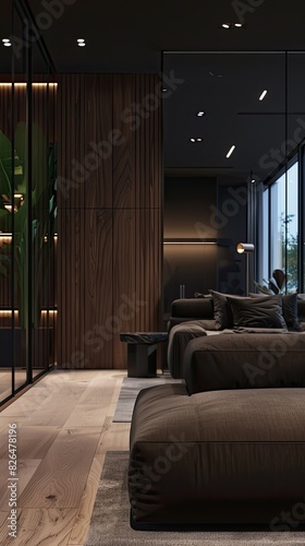 bedroom in dark colors with glass doors to the left of the bed leading to the living room, an exit to the balcony opposite the bed, and wooden panels behind the headboard.