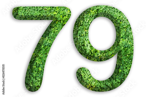 3d of the number of 79 is made from green grass on white background, go green concept