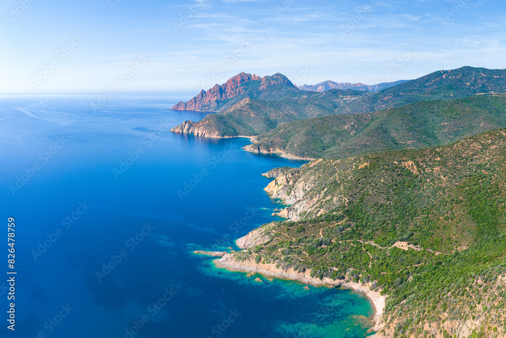 Aerial drone view of the west coast of mediterranean island Corsica, France. Aerial drone view of the west coast of mediterranean island Corsica, France.