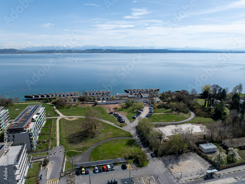 Aerial view of Lake Neuchatel, Monruz, Kanton Neuenburg, Switzerland. photo