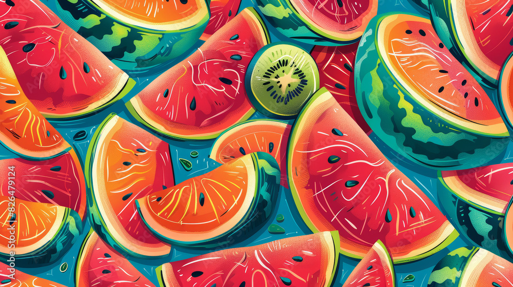 Colorful watermelon slices pattern on blue background Colorful watermelon slices pattern on blue background