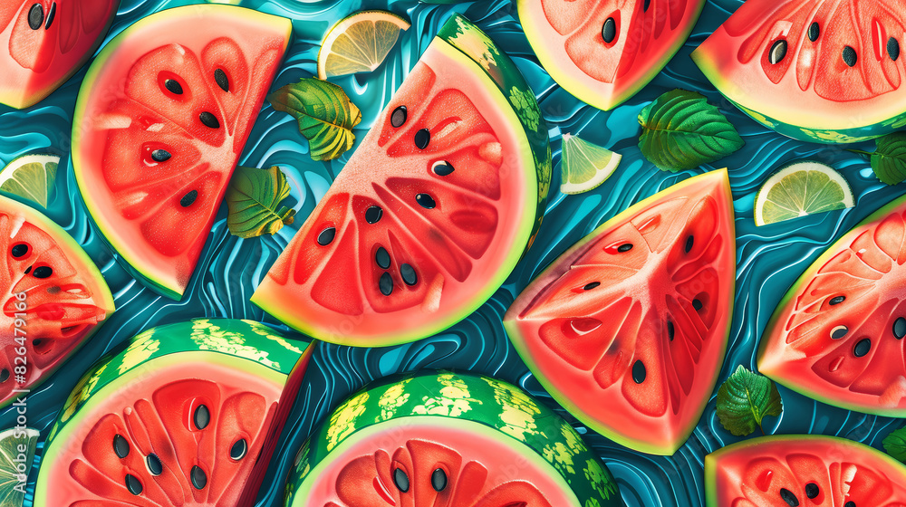 Colorful watermelon slices pattern on blue background Colorful watermelon slices pattern on blue background