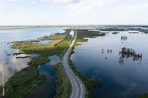 Aerial view of flooded Mississippi River in summer, Boothville-Venice, Louisiana, United States.
