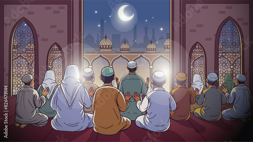 Muslims praying, in mosque, cartoon