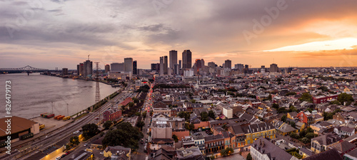 Aerial view of urban skyline with skyscrapers and Mississippi River, New Orleans city center, Marigny, Louisiana, United States. photo