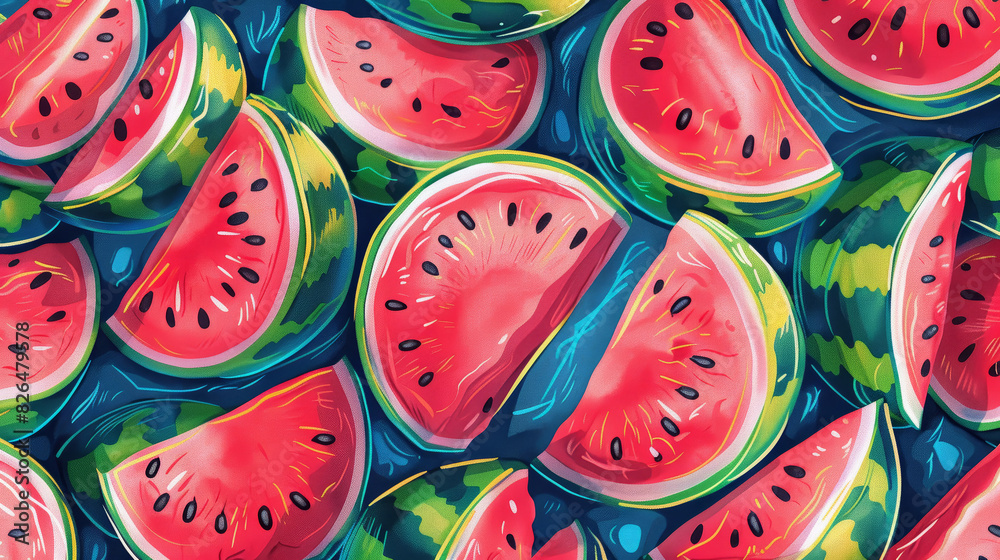 Colorful watermelon slices pattern on blue background Colorful watermelon slices pattern on blue background