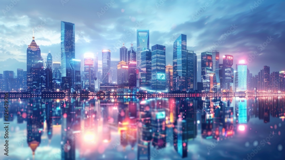 Obraz premium Skyline of a futuristic city, with sleek buildings and neon glow reflecting off the glass