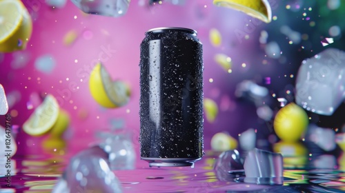 Plain black 355ml can floating amidst vibrant lemon slices and ice cubes. Perfect for commercials and adverts. photo