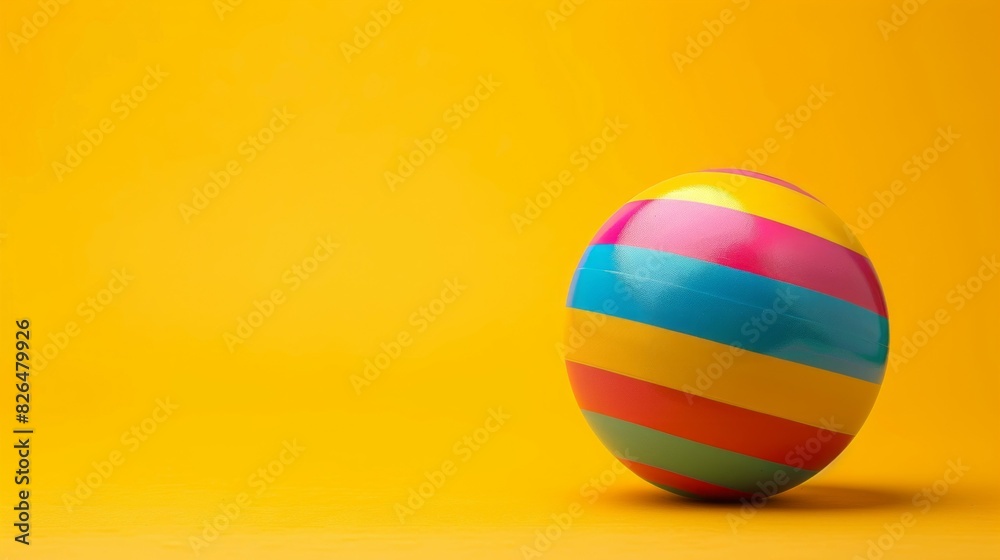 A colorful ball with stripes on it sits on a yellow background A colorful ball with stripes on it sits on a yellow background
