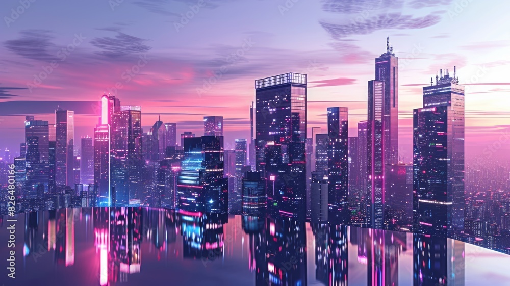 Skyline of a futuristic city, with sleek buildings and neon glow reflecting off the glass Skyline of a futuristic city, with sleek buildings and neon glow reflecting off the glass