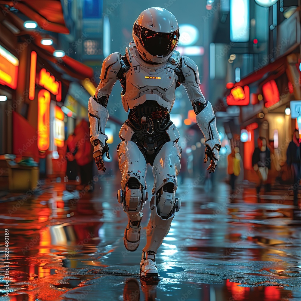 Obraz premium Cyborg Racing in a Neon-Lit City , vector, svg, flat, minimalistic animation asset, white background, isolated, flat vector illustration