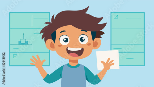 A wideeyed child proudly shows off their handdrawn storyboard excitedly explaining the plot and characters of their upcoming animated movie.. Vector illustration