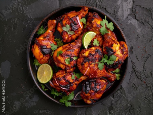 Top-down photograph of a plate of tandoori chicken