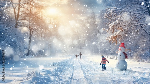 Winter Wonderland: Capture a magical winter scene with snow-covered trees, a family building a snowman, and kids playing in the snow, emphasizing the joy of winter activities. 