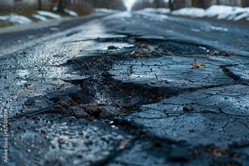 Closeup of a weathered asphalt road showing cracks and potholes