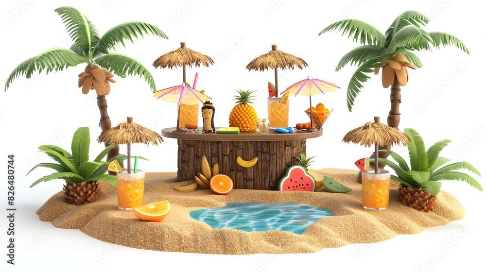 Obraz premium A 3D cartoon mini island with a beach bar setup, including a tiki bar with a smiling face, serving fruity drinks with little umbrellas, isolated on white background