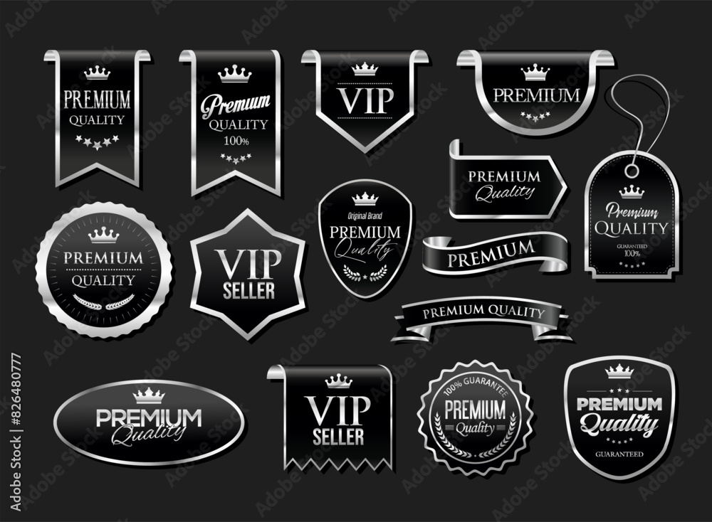 Silver luxury labels and badges silver premium quality certificate ribbons vector illustration Silver luxury labels and badges silver premium quality certificate ribbons vector illustration