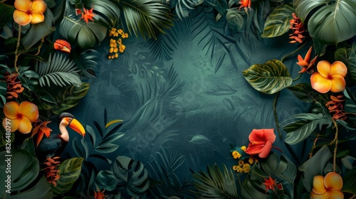 Fototapeta Naklejka Na Ścianę i Meble -  Vivid scarlet macaws perched on branches surrounded by lush tropical foliage and bright orange flowers in a vibrant jungle scene.