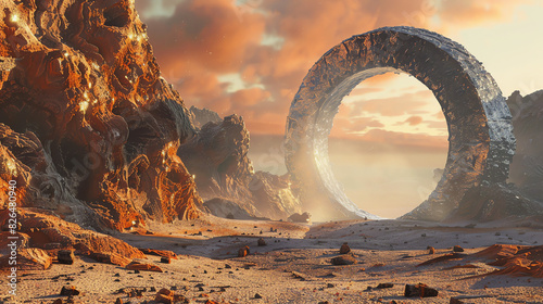 A large metal ring stands in the middle of a desert.