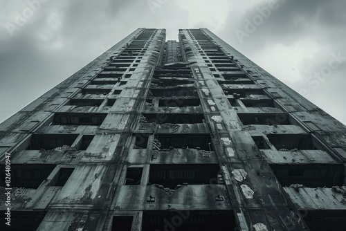 The eerie and haunting abandoned highrise building facade in the city  showcasing urban decay and dilapidated architecture with a low angle view