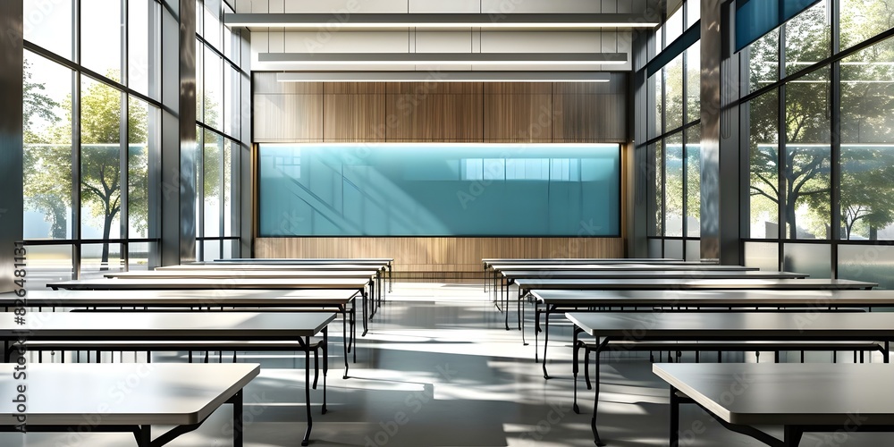 Empty classroom with contemporary design blending steel and wood elements seamlessly. Concept Contemporary Interior Design, Steel and Wood Elements, Empty Classroom, Seamless Blend, Modern Aesthetics