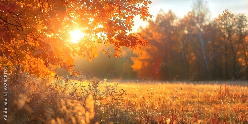 Fototapeta premium Vibrant autumn foliage in a sunlit meadow on the summer solstice. Concept Nature Photography, Autumn Colors, Sunlit Meadow, Summer Solstice, Vibrant Foliage