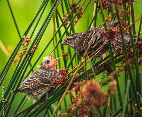 red-winged blackbird feeding baby