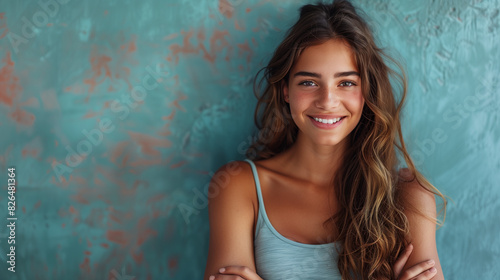 Portrait of a young woman with pleasant smile and crossed arms isolated on blue wall with copy space