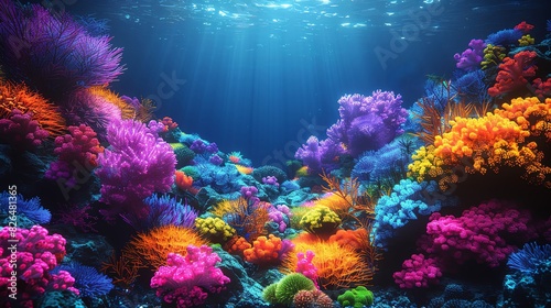 Neon glow background, underwater scene, glowing marine life, bright neon corals, high contrast, vibrant ocean colors, futuristic aquatic, digital art