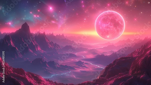 A stunning planet landscape with a pink moon illuminating jagged mountains and a surreal valley under a starlit sky.