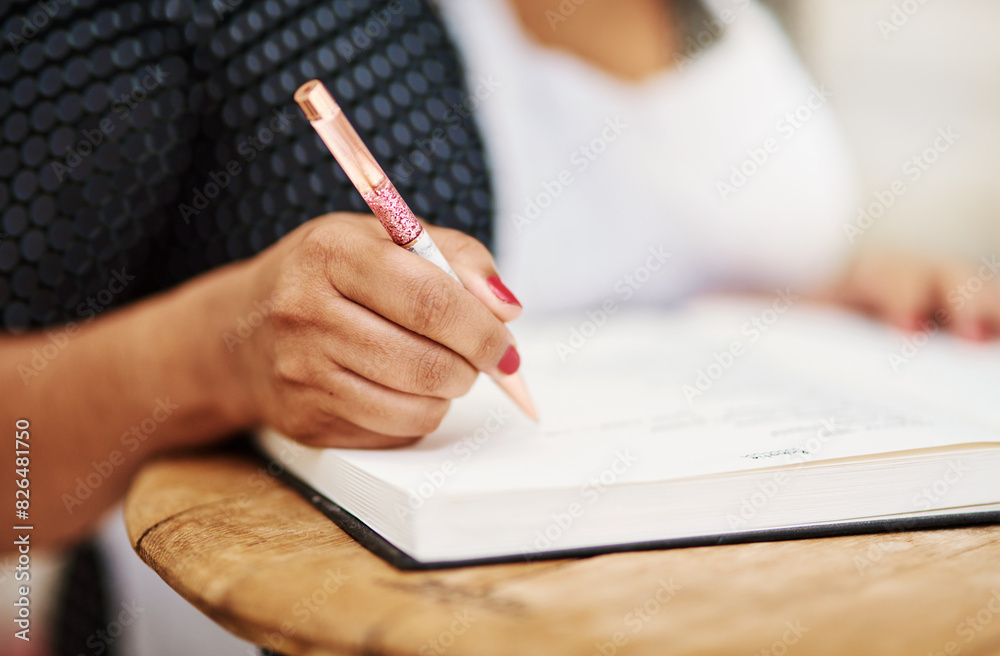 Person, hand and notebook with apron as cook writing in kitchen with ingredient experiment, bakery or small business. Pen, paper and dessert hobby in home as professional chef, recipe or learning Person, hand and notebook with apron as cook writing in kitchen with ingredient experiment, bakery or small business. Pen, paper and dessert hobby in home as professional chef, recipe or learning
