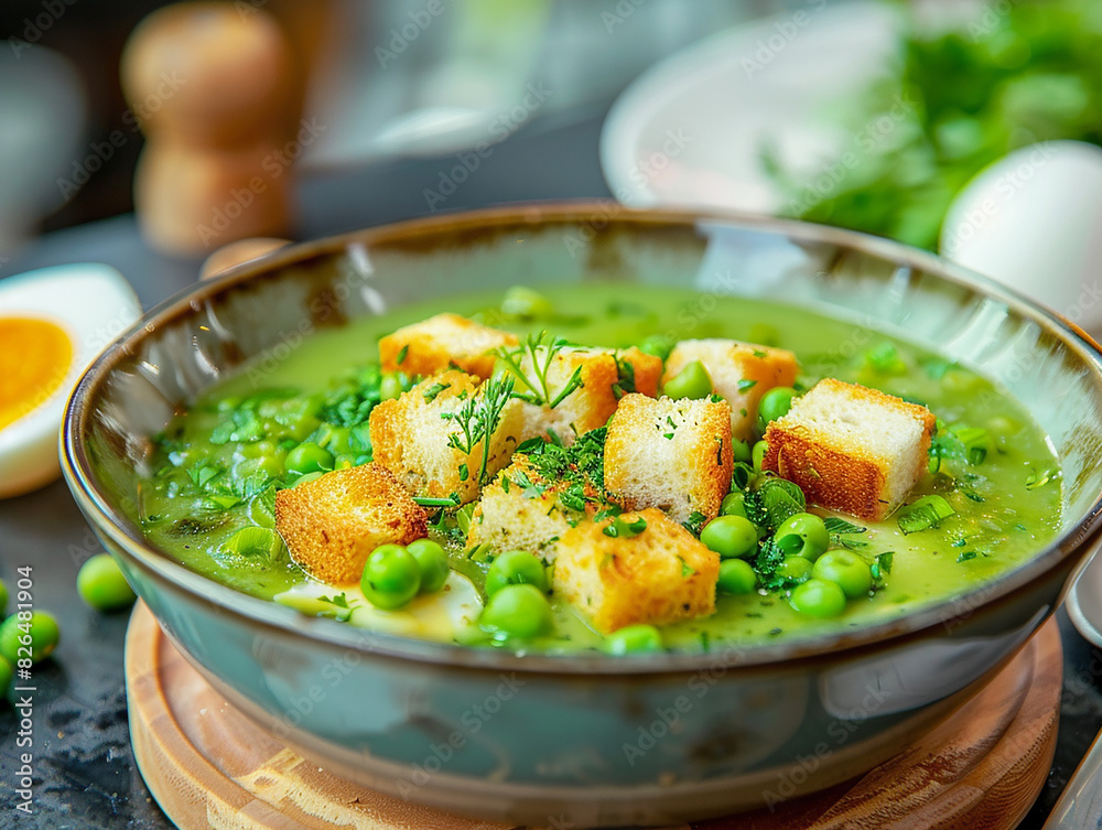 Bowl of soup with peas and croutons