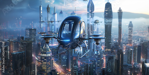 A autonomous flying vehicles or personal air taxis navigating urban skies, offering efficient and on-demand aerial mobility.