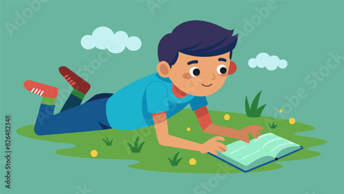 A young boy lying on his stomach in the grass his augmented reality book propped up in front of him his hands swiping and tapping at the pages as he. Vector illustration