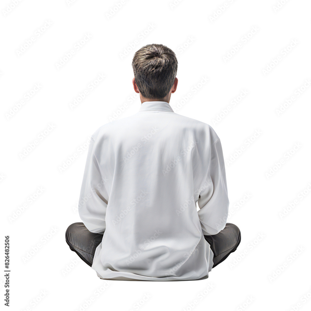 Man sitting cross-legged in white shirt facing backward transparent background Man sitting cross-legged in white shirt facing backward transparent background