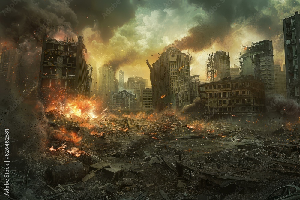 Apocalyptic urban destruction scene with catastrophic event. Ruins. Fire. Smoke. And devastation in the cityscape. Depicting a postapocalyptic landscape of dilapidated buildings. Warzone