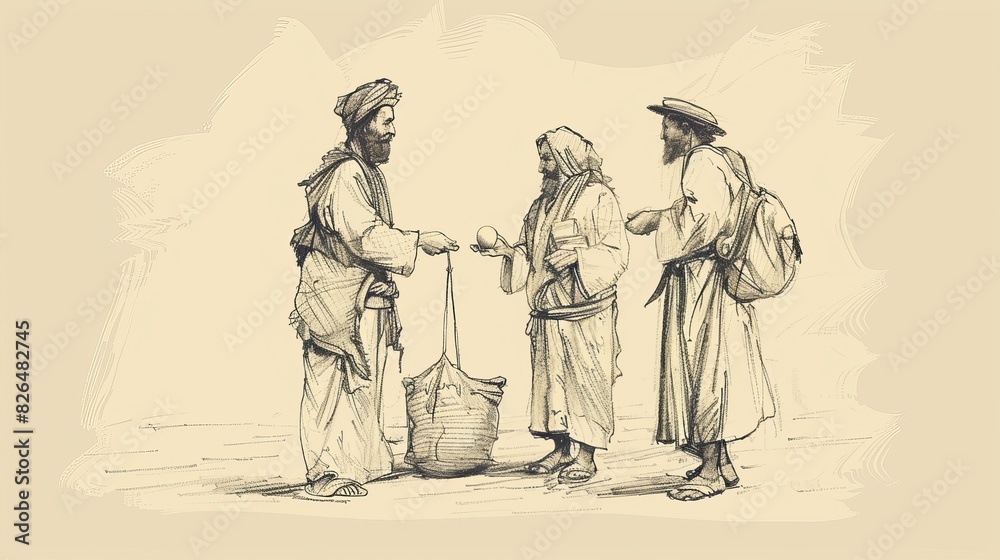 Parable of Great Banquet, Master Inviting Poor, Crippled, and Blind, Biblical Illustration, Beige Background, Copyspace Parable of Great Banquet, Master Inviting Poor, Crippled, and Blind, Biblical Illustration, Beige Background, Copyspace