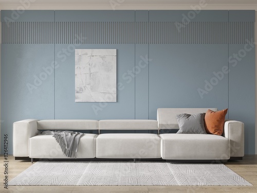 Mock of a cozy living room with a comfortable velvet sofa and a stylish decorative background, 3D rendering. photo