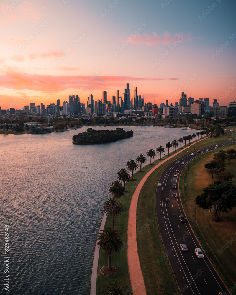 Aerial view of Albert Park at sunset, Melbourne, Australia.