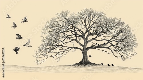 Parable of Mustard Seed  Tiny Seed Growing into Large Tree  Providing Shelter for Birds  Biblical Illustration  Beige Background  Copyspace