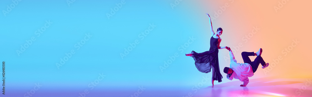 Naklejka premium Tradition meets modernity. Young girl, ballerina dancing with man, break dance, hip hop performer against gradient background in neon light. Concept of classical and modern dance, performance