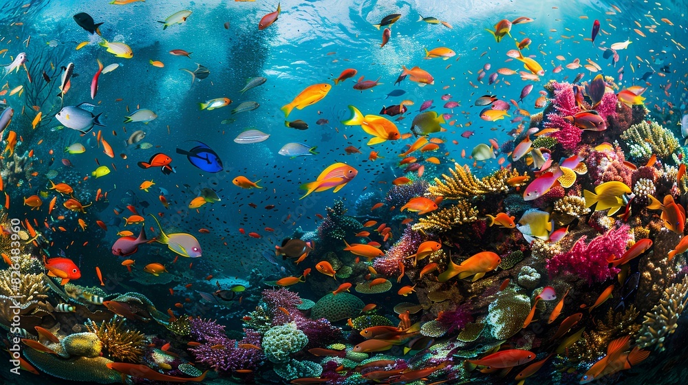 A colorful array of tropical fish congregating around a vibrant coral bommie, their dazzling hues creating a living kaleidoscope of underwater beauty.
