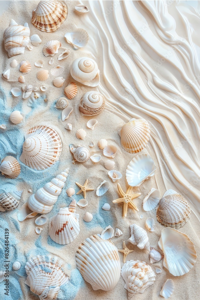 Seashells on a sandy beach with wave patterns. Seashells on a sandy beach with wave patterns.