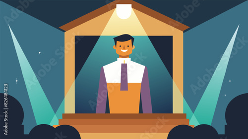 A few rays of sunlight peeked through the windows illuminating the pastors face and casting a heavenly glow on the stage.. Vector illustration