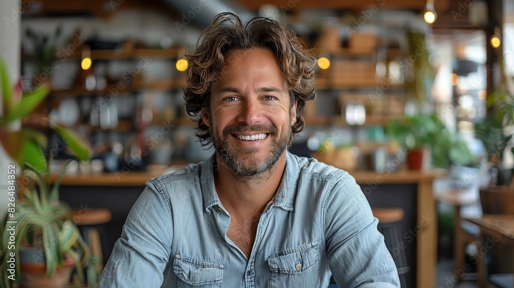 Smiling bearded man sitting in a cozy coffee shop, surrounded by plants and a warm atmosphere. Casual and friendly ambiance. Smiling bearded man sitting in a cozy coffee shop, surrounded by plants and a warm atmosphere. Casual and friendly ambiance.
