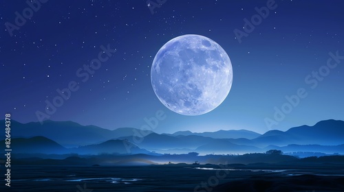 The full moon rises over a mountain range  casting a silvery glow on the landscape below. The sky is clear and dark  with a few stars visible.