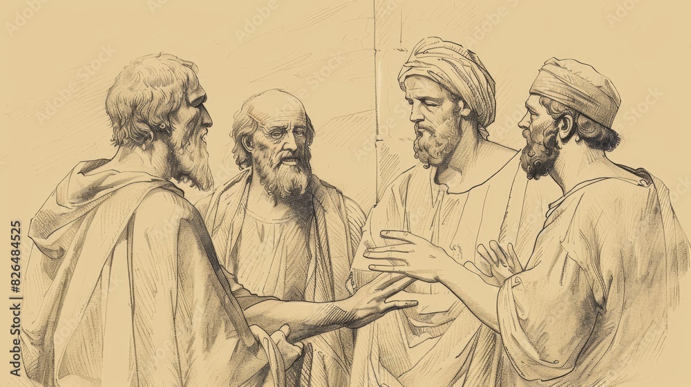 Fototapeta premium Biblical Illustration of Jesus Healing Ten Lepers, Only One Returns to Give Thanks, Beige Background, Copyspace